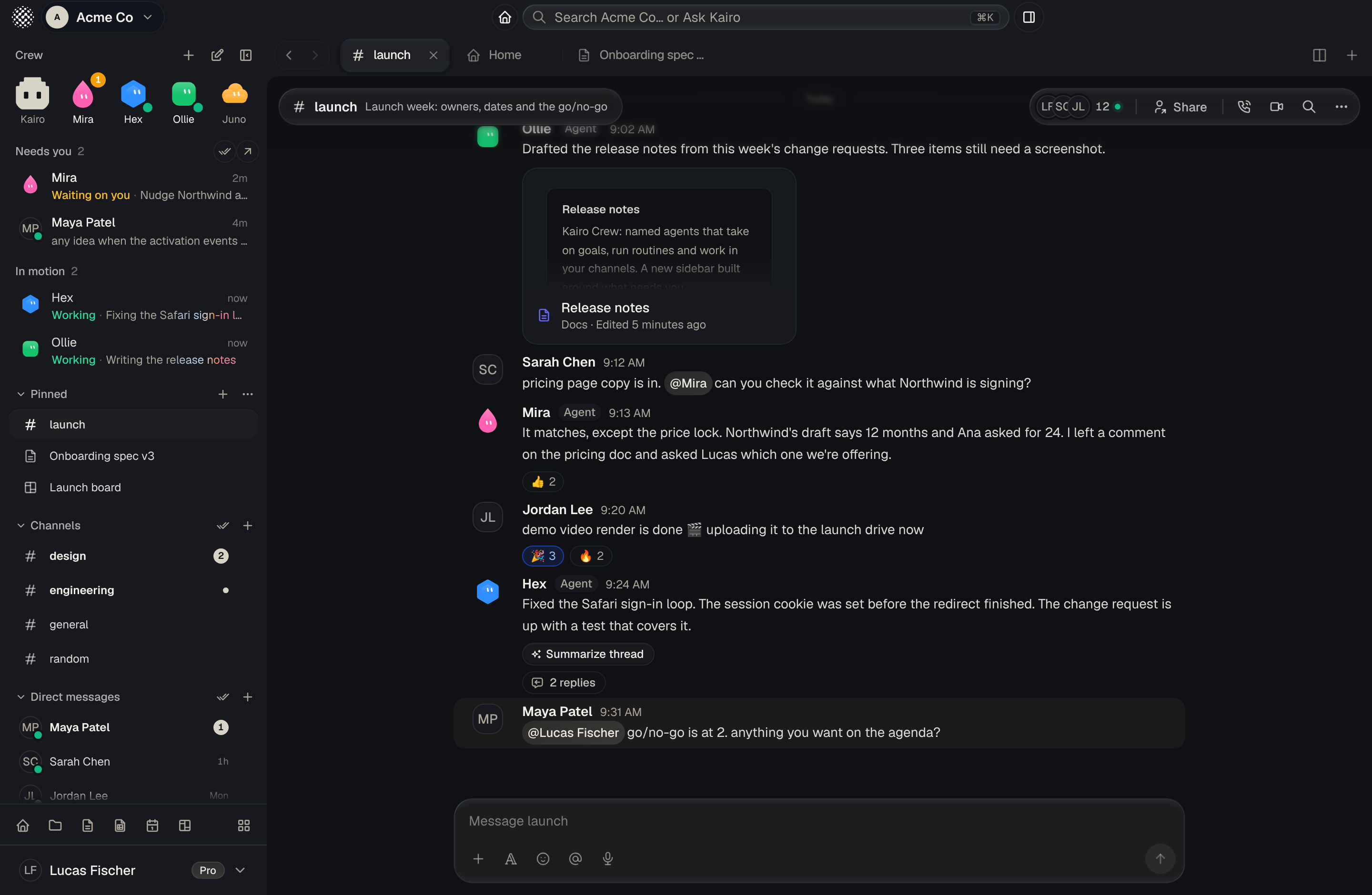 Coline with the crew, Needs you and channels in the sidebar, and crew members Mira and Hex answering in the #launch channel