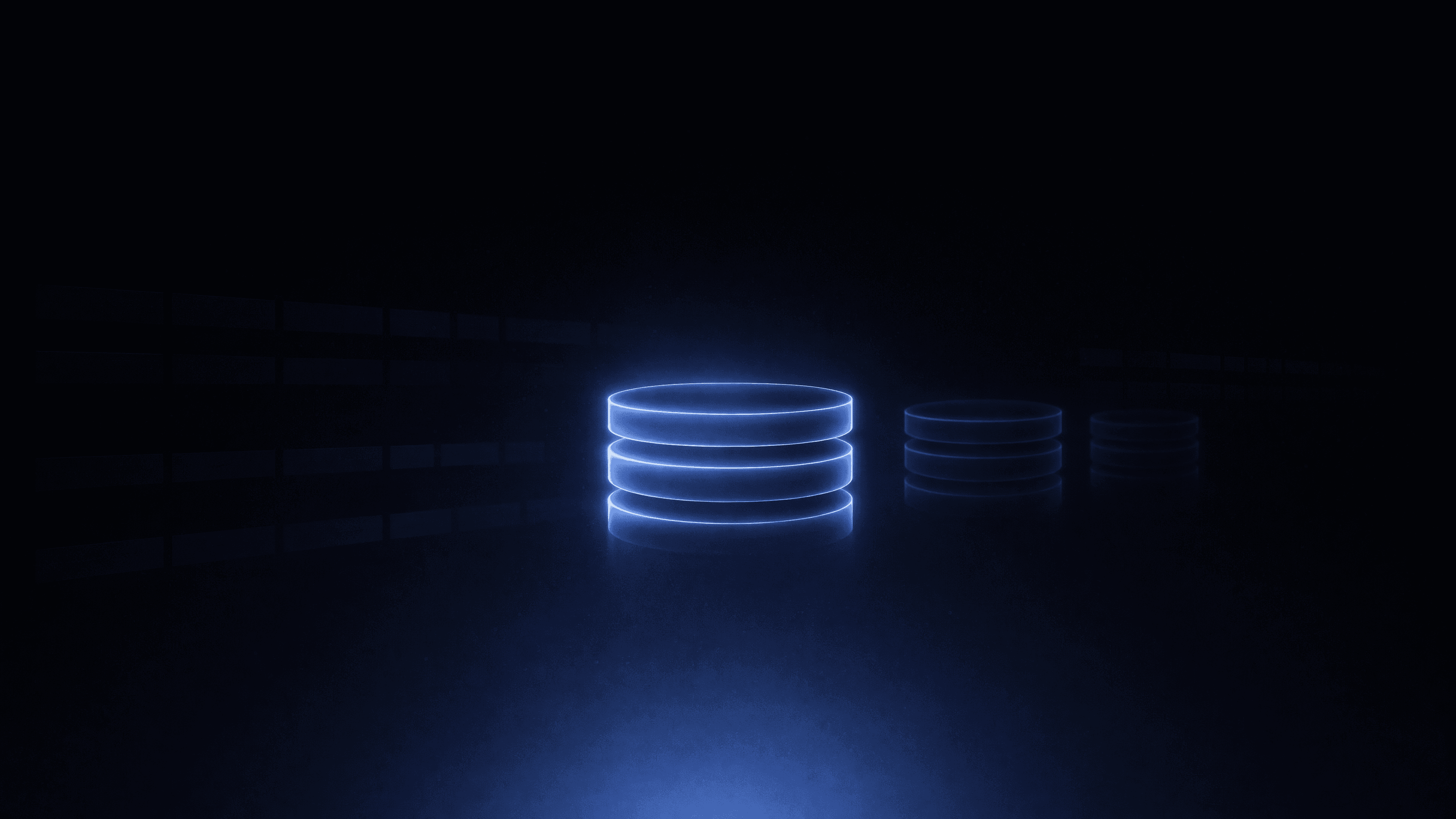 A glowing database cylinder with two fading replicas on a dark blue background